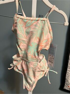 Cat & Jack Mint Green and Pink Tropical Leaf One-Piece Cut out Swimsuit 12 month